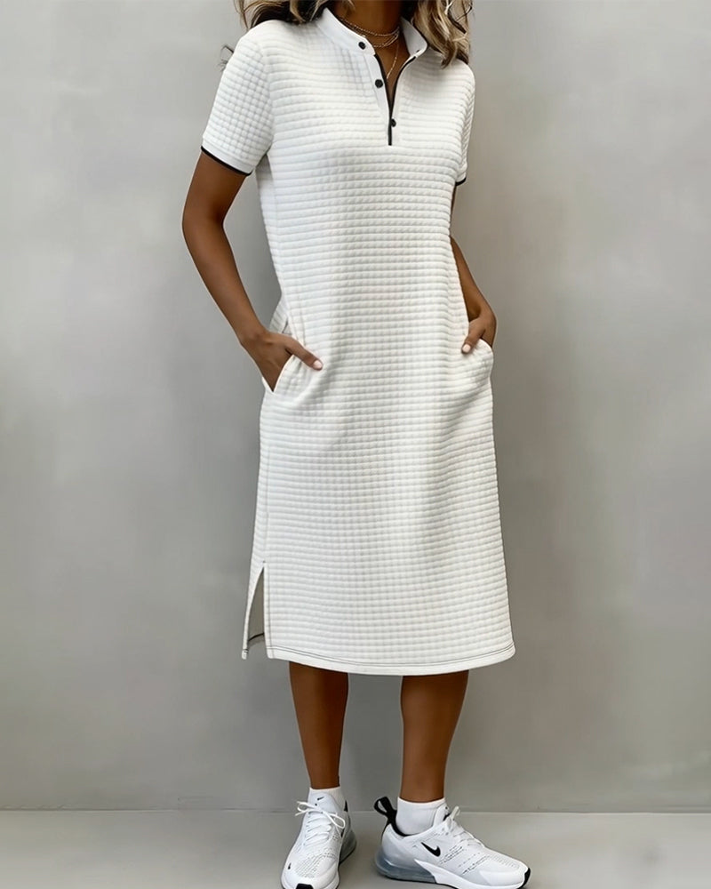 Sukienka Krata Kołnierz Stojący Krótki Rękaw