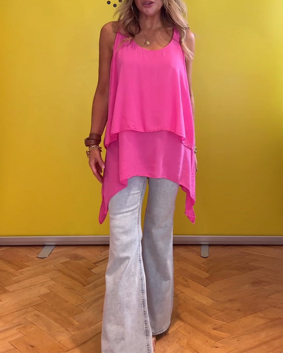 Dwuwarstwowa bluzka bez rękawów w jednolitym kolorze