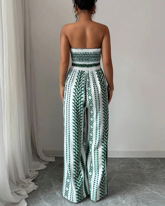 Jumpsuit Geometryczny Bandeau Rozcięcie Szeroka Noga