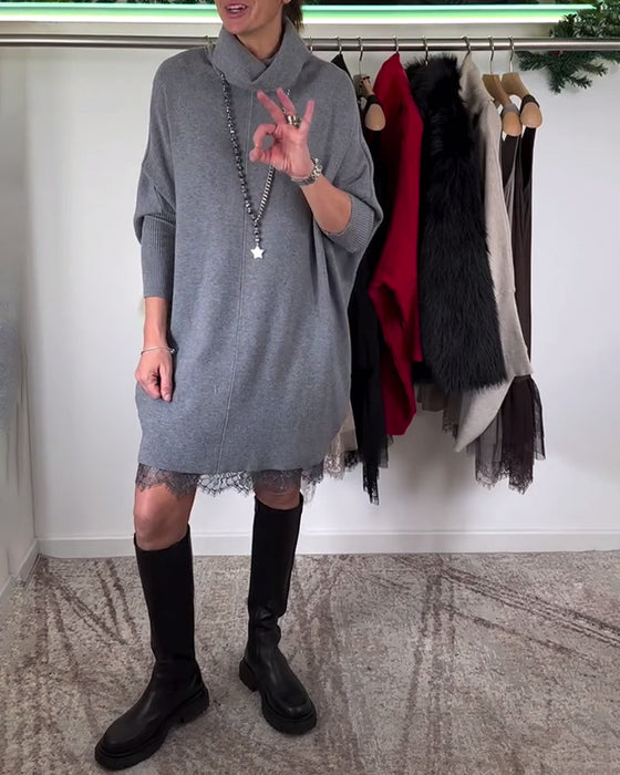 Sukienka z Ramiączkami Koronkowa Siateczka Garnitur Wysoki Kołnierz Rękawy Nietoperza