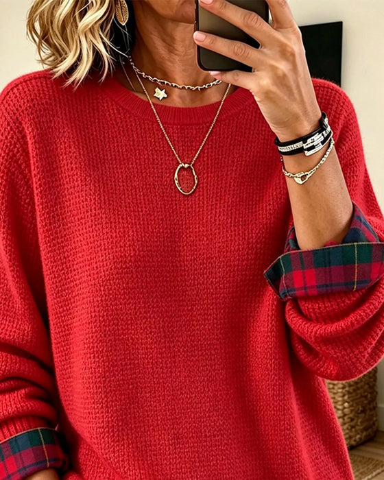 Sweter Okrągły Dekolt Krata Patchwork Sztuczny Dwuczęściowy