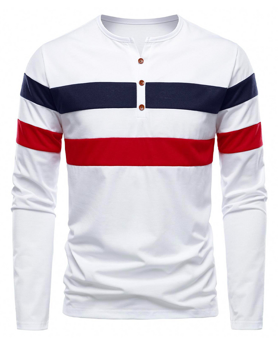 T-Shirt Męski Z Okrągłym Dekoltem W Paski Z Długim Rękawem