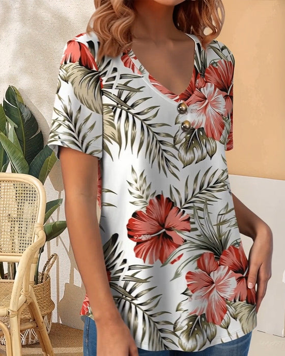 T-Shirt Dekolt V Liść Print Krótki Rękaw