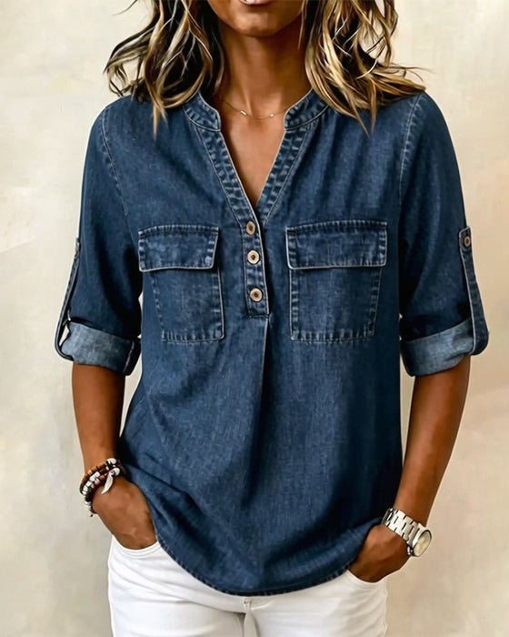 Bluzka Denim V-Szyja Swobodny