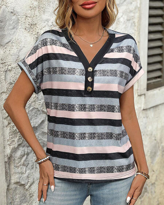 T-Shirt Dekolt V Trzy Guziki W Paski