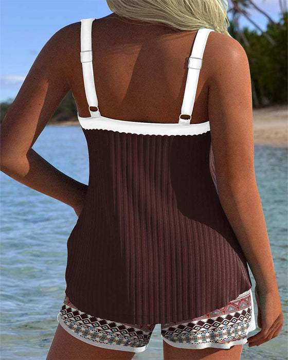 Tankini Prążkowane Szorty Plażowe Nadruk Bokserki