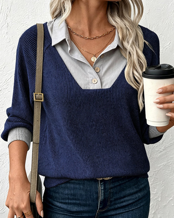 Knit Top Z Kontrastowym Kołnierzykiem Z Długim Rękawem