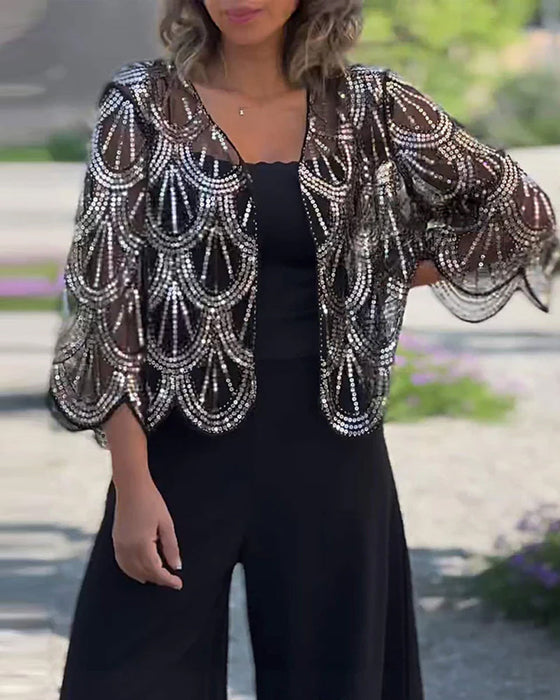 Elegancka marynarka z cekinami i falowanymi brzegami