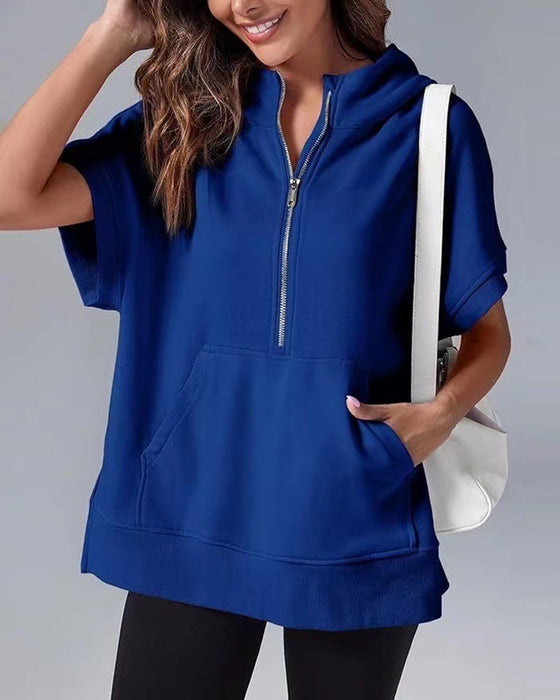 Bluza Krótki Rękaw Częściowy Zamek Błyskawiczny Z Kapturem