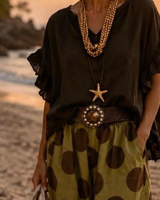 Set V-Szyjka Ruffle Top & Kropka Spodnie