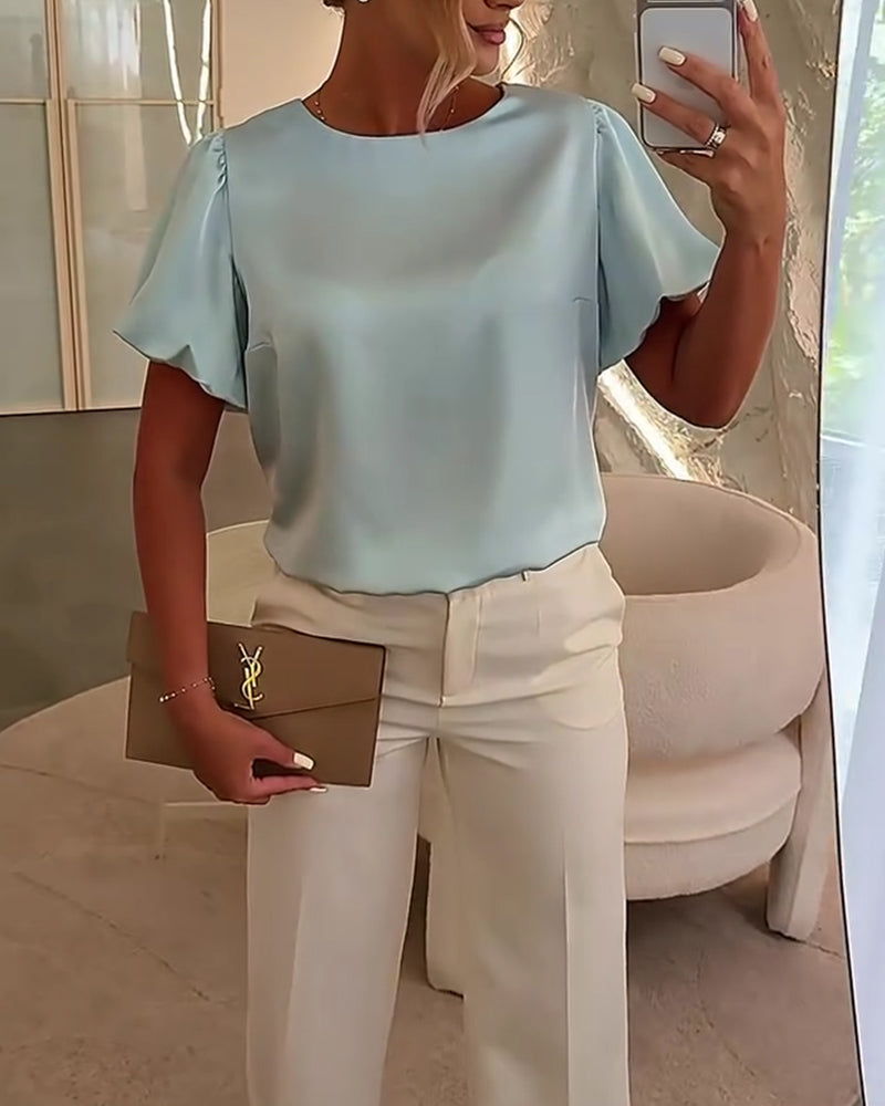 Bluzy Satyna Krótki Rękaw Drapowanie