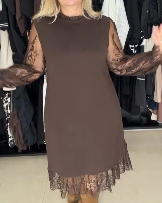 Sukienka Koronka Patchwork Stylowy Długi Rękaw