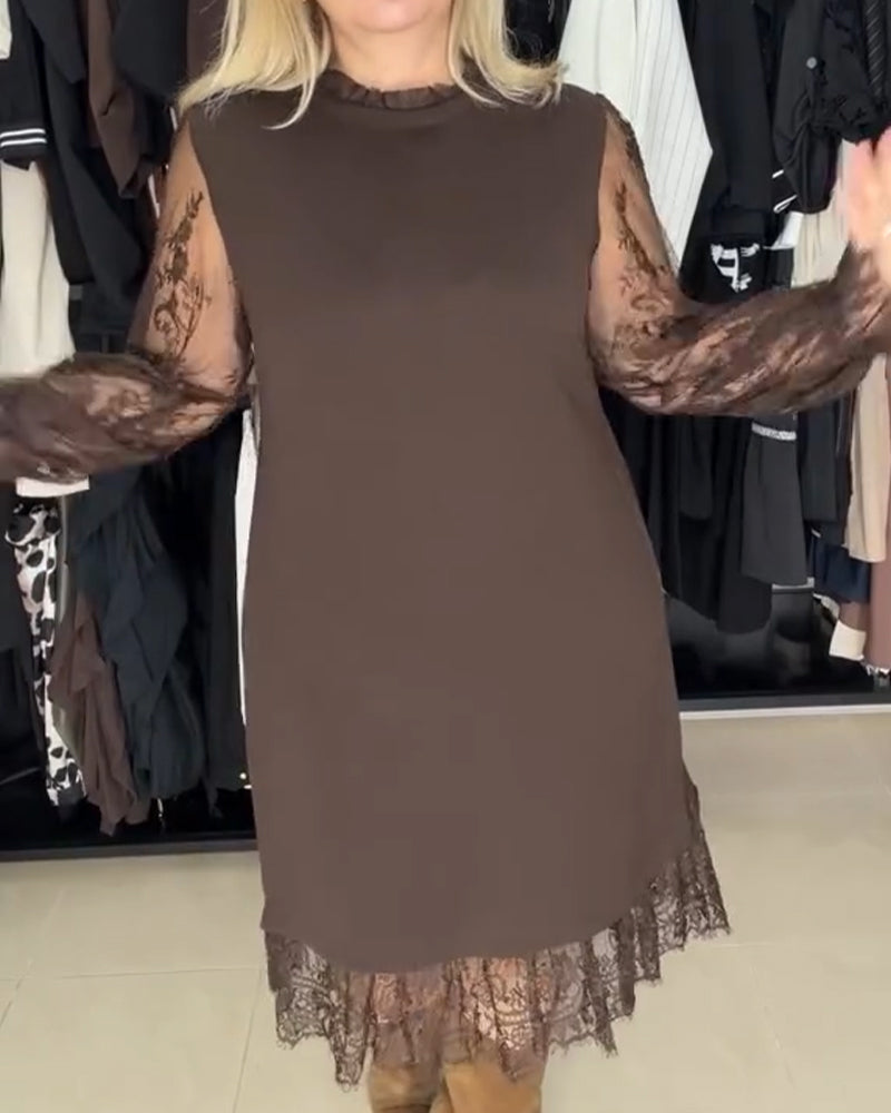 Sukienka Koronka Patchwork Stylowy Długi Rękaw