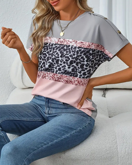 T-Shirt Okrągły Dekolt Panterka Blok Kolorów