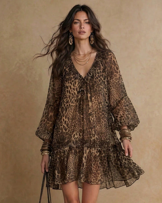 Sukienka V-Neck Leopard Print Bufiaste Rękawy Falbana