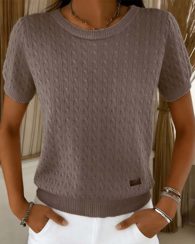 Sweter Okrągły Dekolt Krótki Rękaw Jednokolorowy Casual