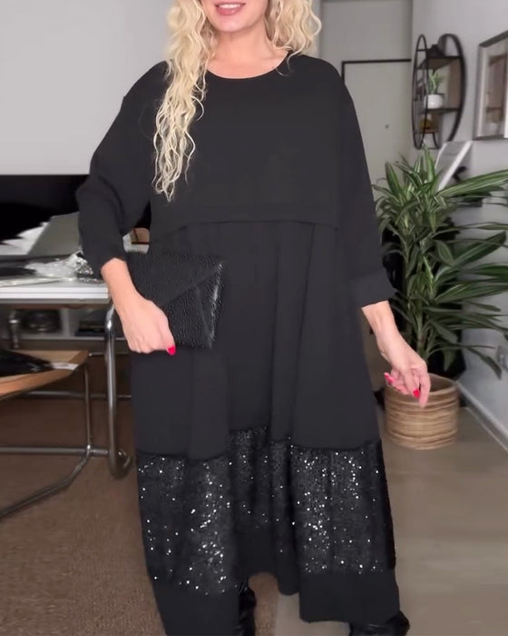 Sukienka Okrągły Dekolt Cekiny Patchwork Luźna