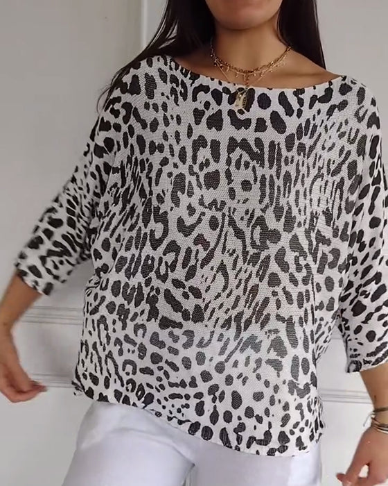 Sweter Trzy Czwarte Rękawa Leopard Luźny