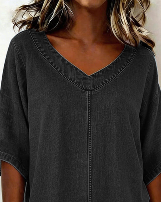 Top V-Dekolt Swobodny Denim