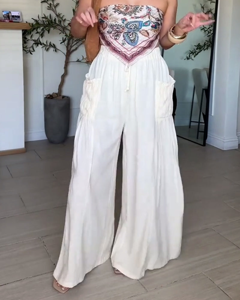 Spodnie Sznurek Plisowana Kieszeń Szeroka Noga