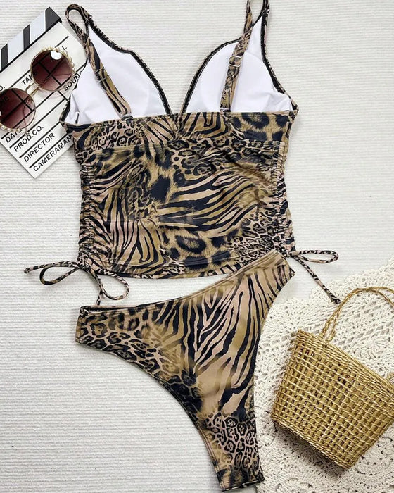 Bikini Wiązany Pasek Halter Lampart Print
