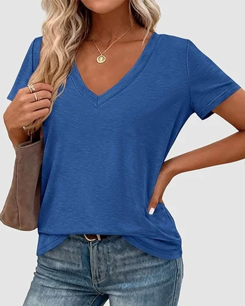 T-Shirt Pullover Dekolt V Gładki