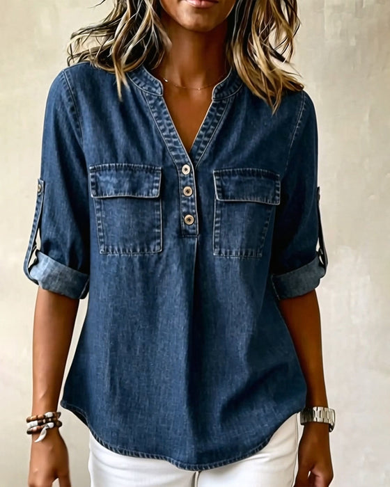 Bluzka Denim V-Szyja Swobodny