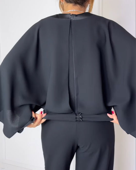 Bluzka Dekolt V Elegancki Rękaw Motyl