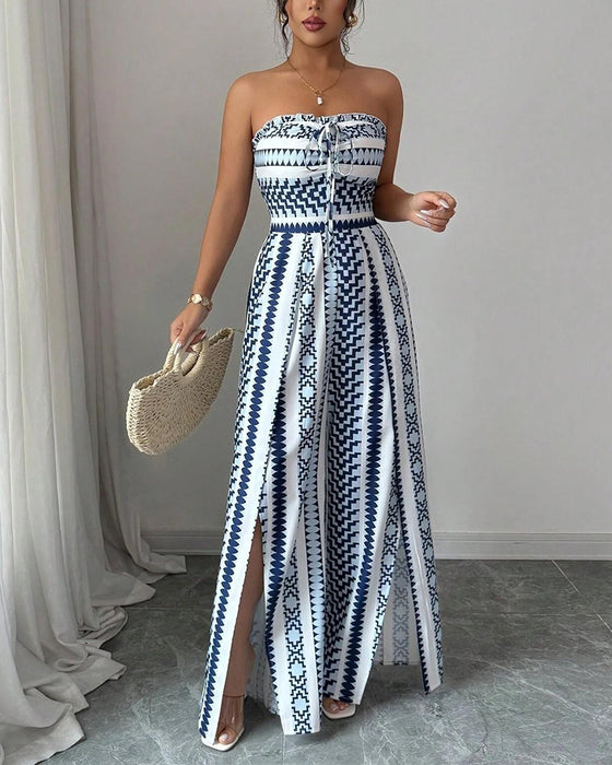 Jumpsuit Geometryczny Bandeau Rozcięcie Szeroka Noga