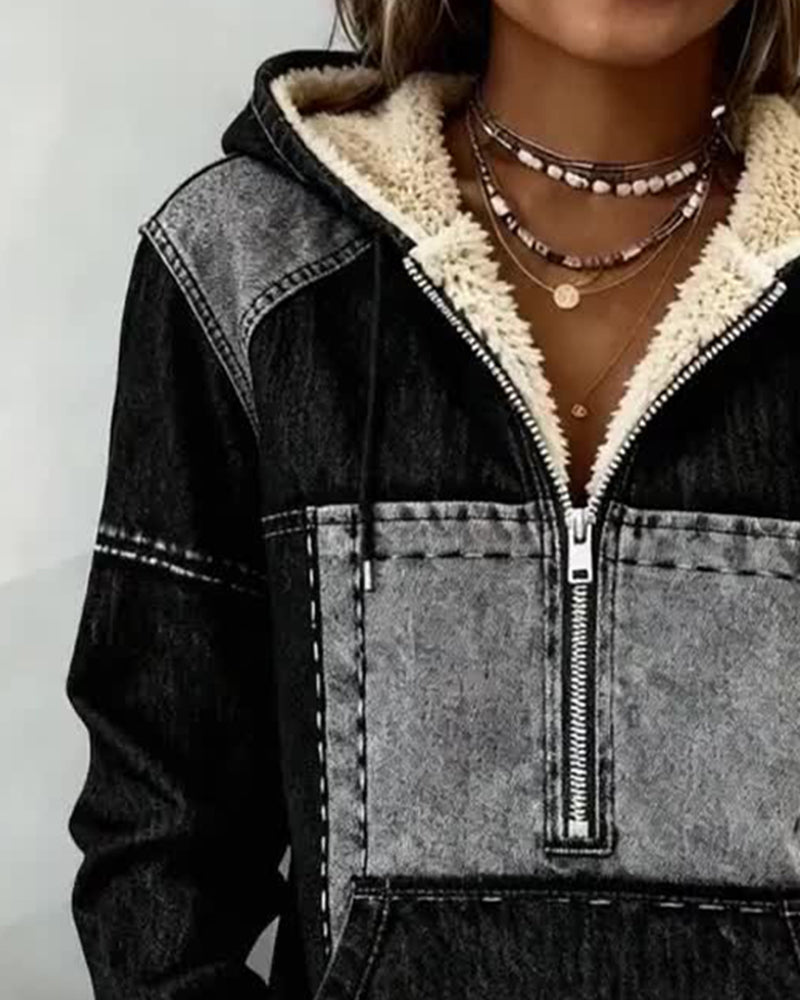 Bluza Z Kapturem Retro Kolor Blok Z Wykładziną Z Polaru