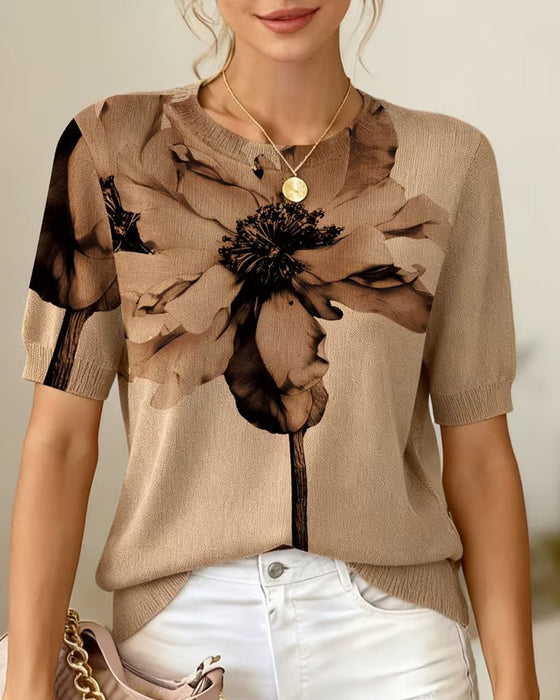 Sweter Kwiatowy Wzór Dzianinowy Krótki Rękaw