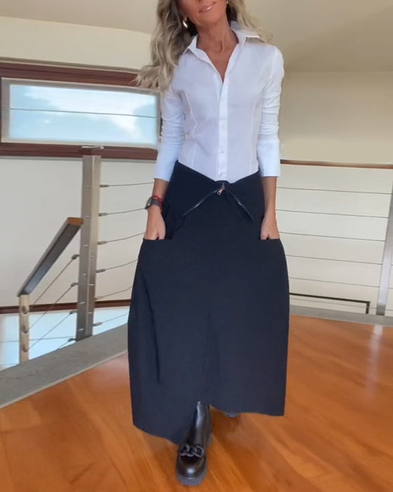 Modna jednokolorowa spódnica z kieszenią na suwak