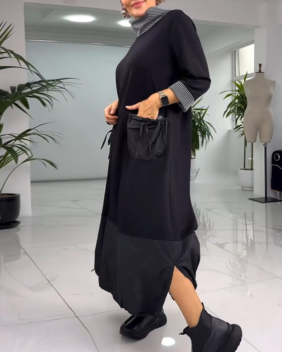 Sukienka w kratę z wysokim kołnierzem i kieszeniami