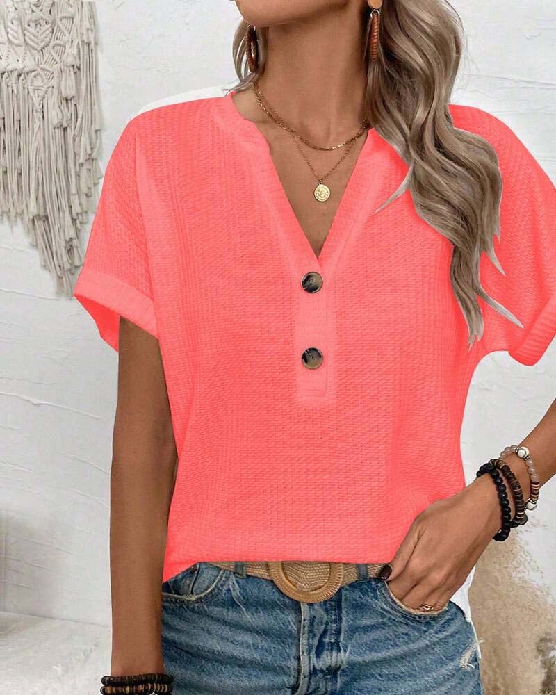 T-Shirt Wafel Dekolt V Guzik