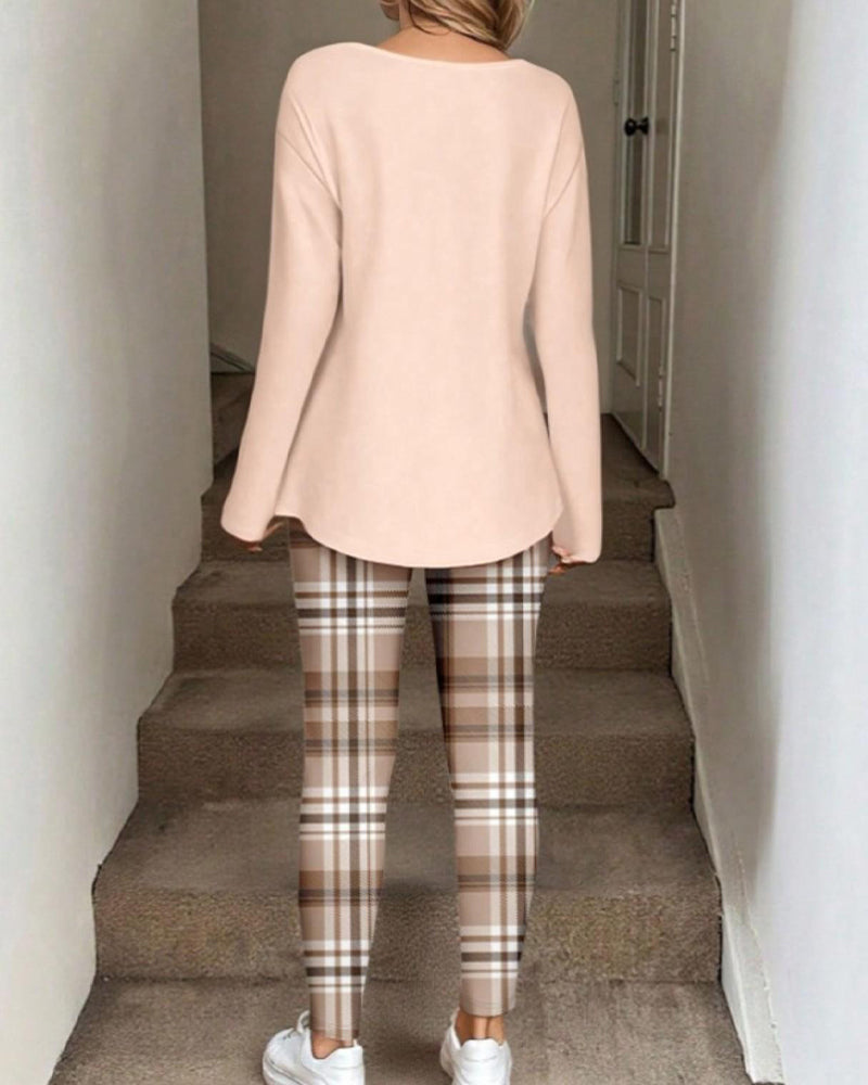 Zestaw V-Szyja Gładki Top + Krata Spodnie Loungewear