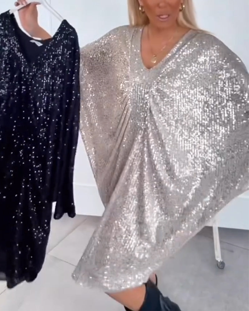 Luźna Sukienka Z Dekoltem W Serek I Rękawami Nietoperz