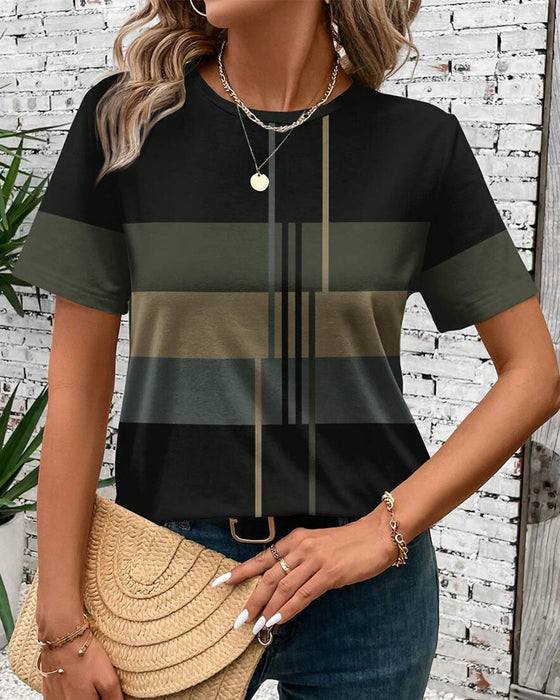 T-Shirt Okrągły Dekor Geometryczny Krótki Rękaw