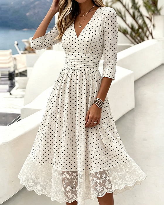 Sukienka V-Szyja Polka Dot Koronka Patchwork