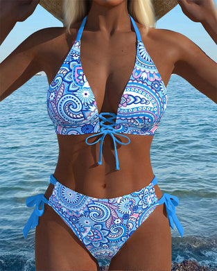 Bikini Seksowny Wiązany na Szyi Wzorzysty
