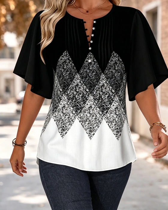 T-Shirt Diamentowa Krata Gradientowy Nadruk Dekolt W Serek