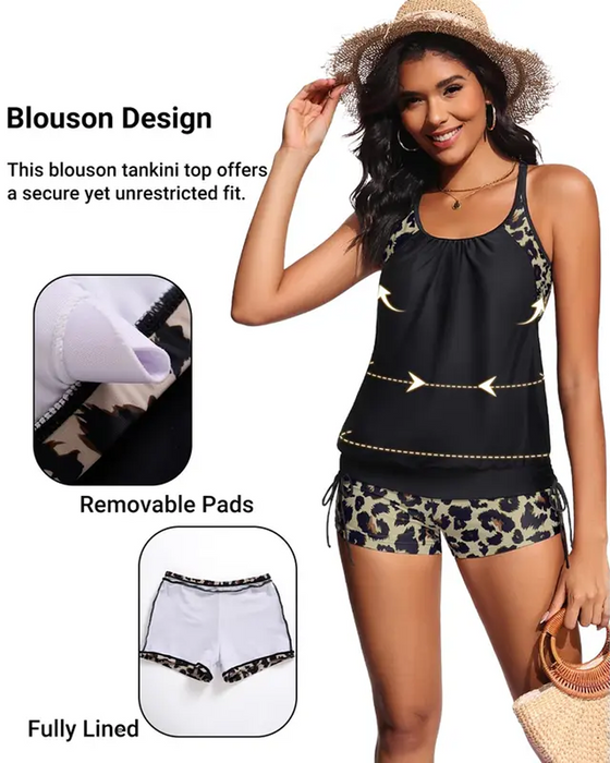 Tankini Bez Rękawów Lampart Patchwork Ściągacz