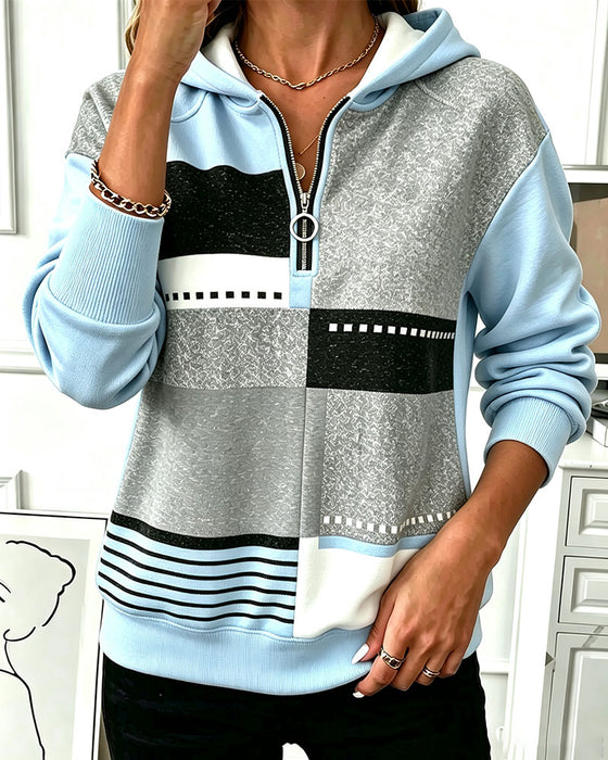 Hoodie Pół Zamek Błyskawiczny Kontrast Geometryczny Druk