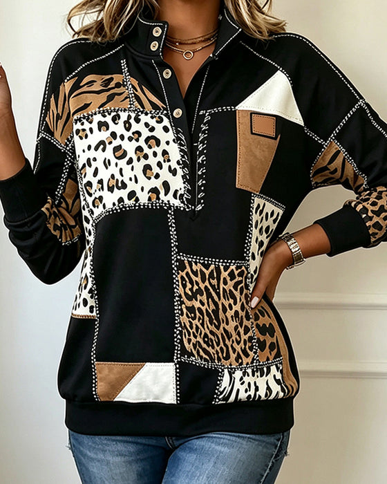Bluza Lampart Patchwork Stojący Kołnierz