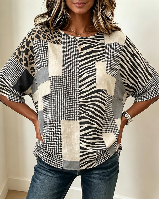 Bluzka Okrągły Dekolt Patchwork Krata Lampart