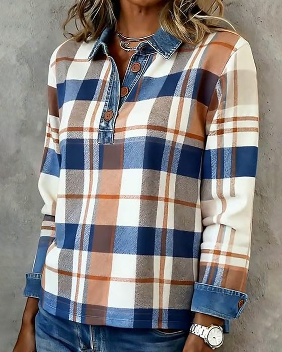 Bluzka casualowa z denimu w kratę patchworkową