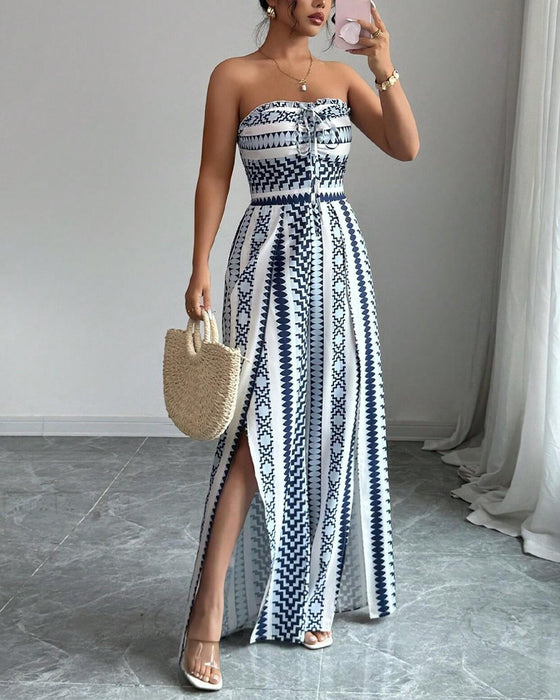 Jumpsuit Geometryczny Bandeau Rozcięcie Szeroka Noga