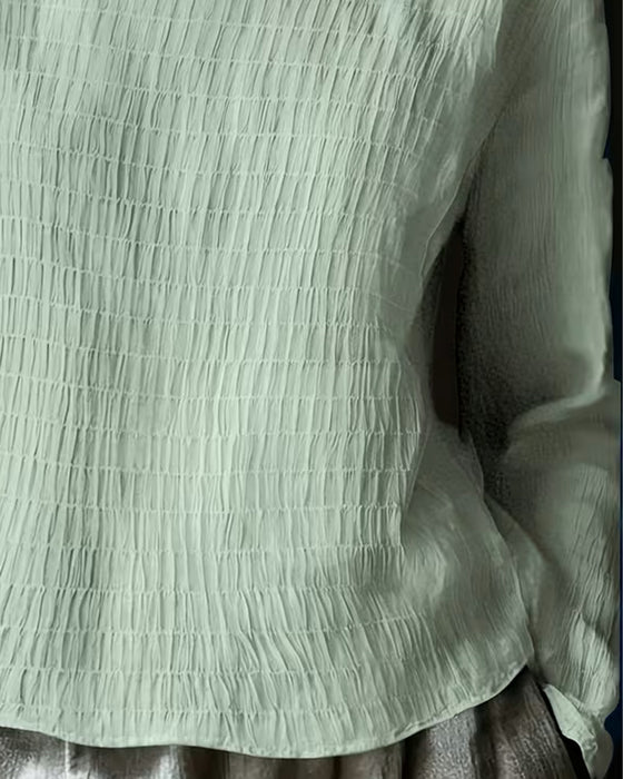 Bluzka Okrągły Dekolt Marszczona Koronka Panel Jednolita