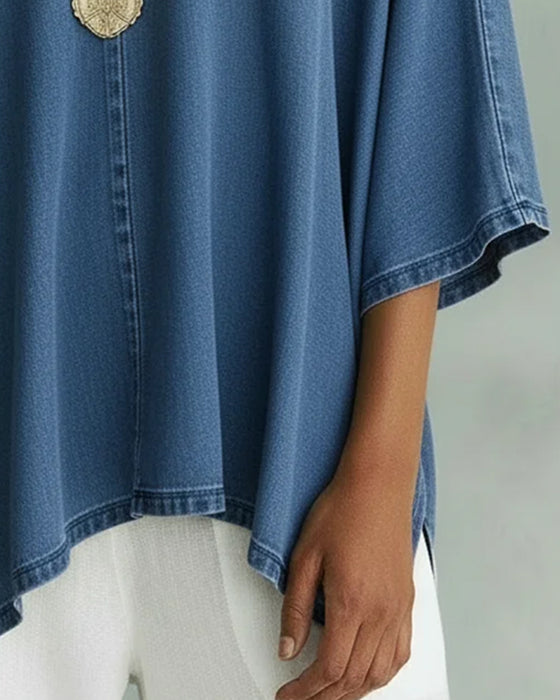Luźna Bluzka Z Denimu Z Nieregularnym Dekoltem W Sere