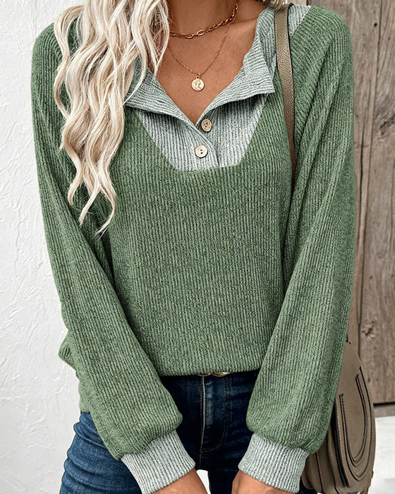 Knit Top Z Kontrastowym Kołnierzykiem Z Długim Rękawem