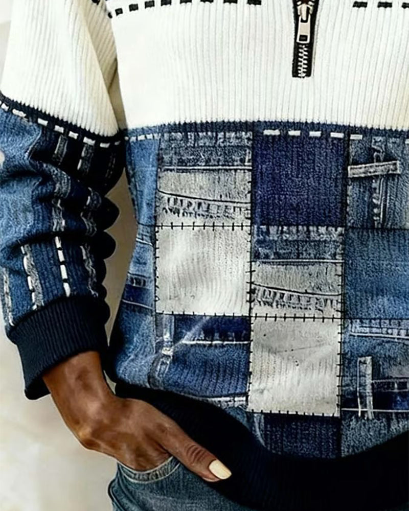 Retro Bluza Z Kapturem I Pół-Zamkiem